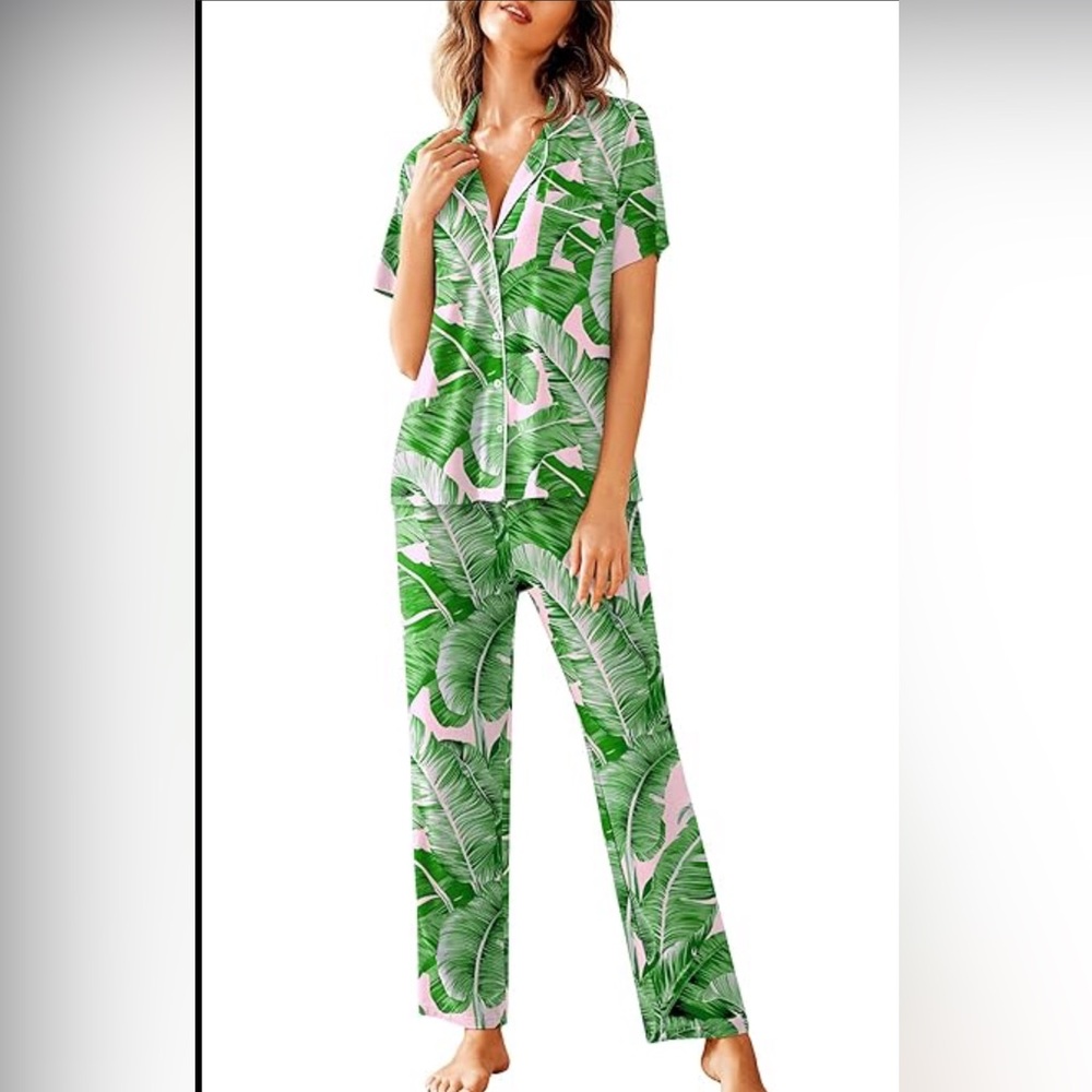 Leaf Print Pajama Set - Green and Pink